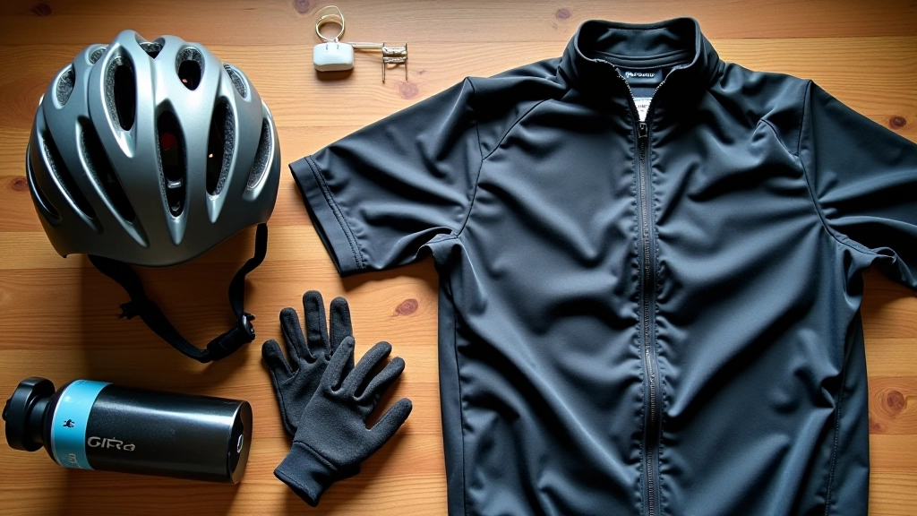 Equipo de bicicleta y accesorios de seguridad sobre una mesa de madera