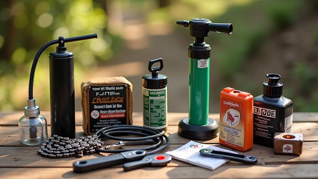 Kit de herramientas de bicicleta: bomba, parches, herramienta multiusos, cadena comprimida y botiquín en una mochila
