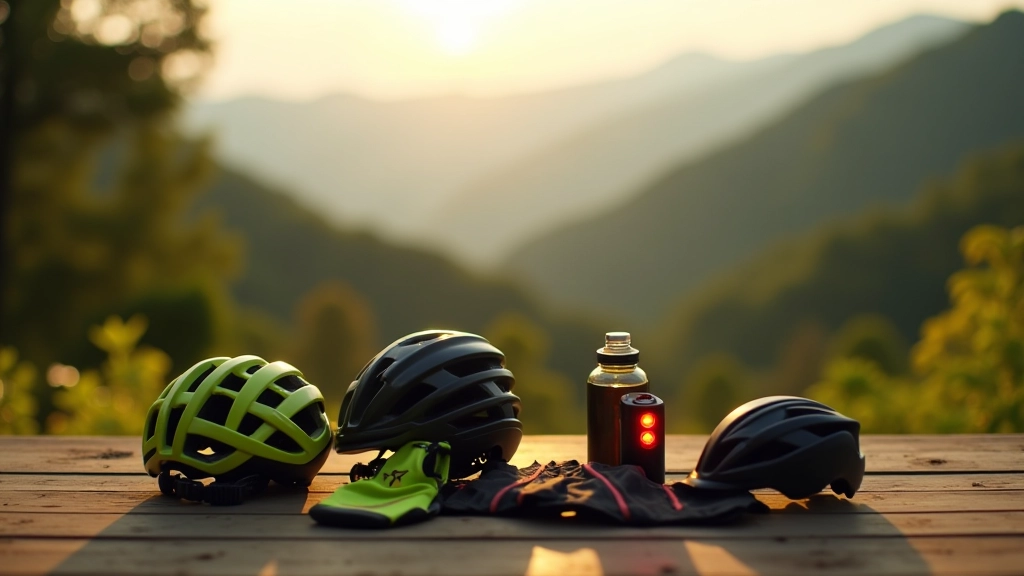 Casco de bicicleta, luces LED traseras, chaleco reflectante y botella de agua organizados en una fila