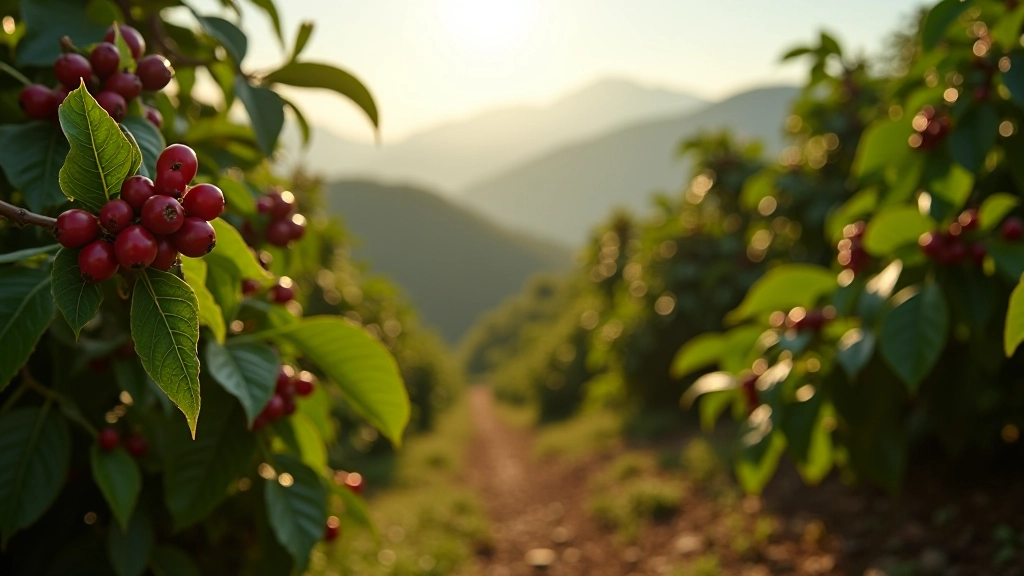 Cultivos de café en las montañas de Adjuntas con plantas de café verde y frutos rojos listos para la cosecha