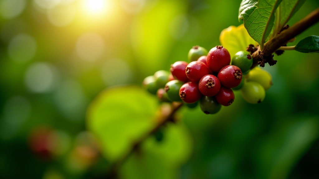 Detalle de plantas de café en una finca de montaña con frutos rojos maduros y hojas verdes