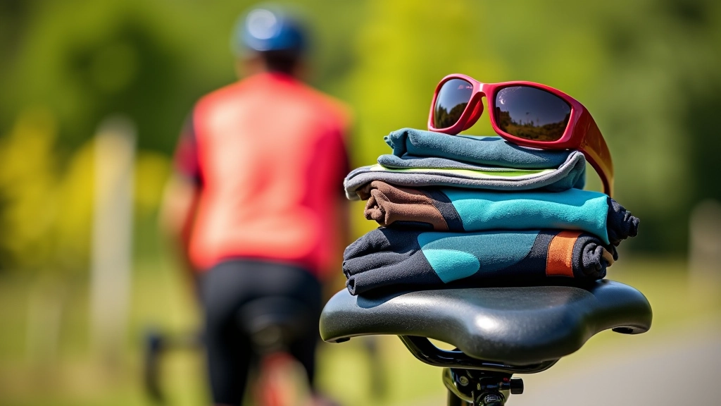 Ropa de ciclismo técnica colorida, guantes acolchados, lentes deportivos y chaleco reflectante organizados sobre una bicicleta