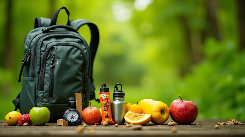 Botellas de agua, mochila de hidratación, snacks saludables y pequeña brújula sobre un fondo verde de naturaleza