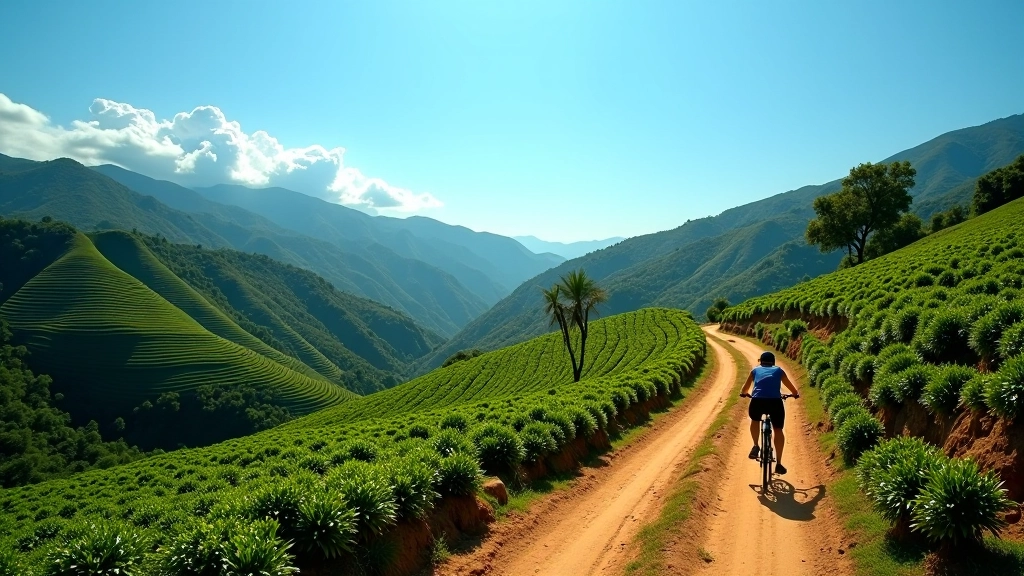 Paisaje montañoso con cultivos de café y senderos de tierra