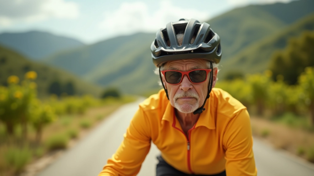 Persona mayor con casco de seguridad, lentes de sol y ropa deportiva colorida, lista para ciclovía de montaña