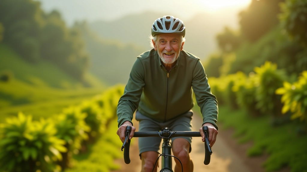 Persona mayor en bicicleta en un camino de montaña con árboles de café