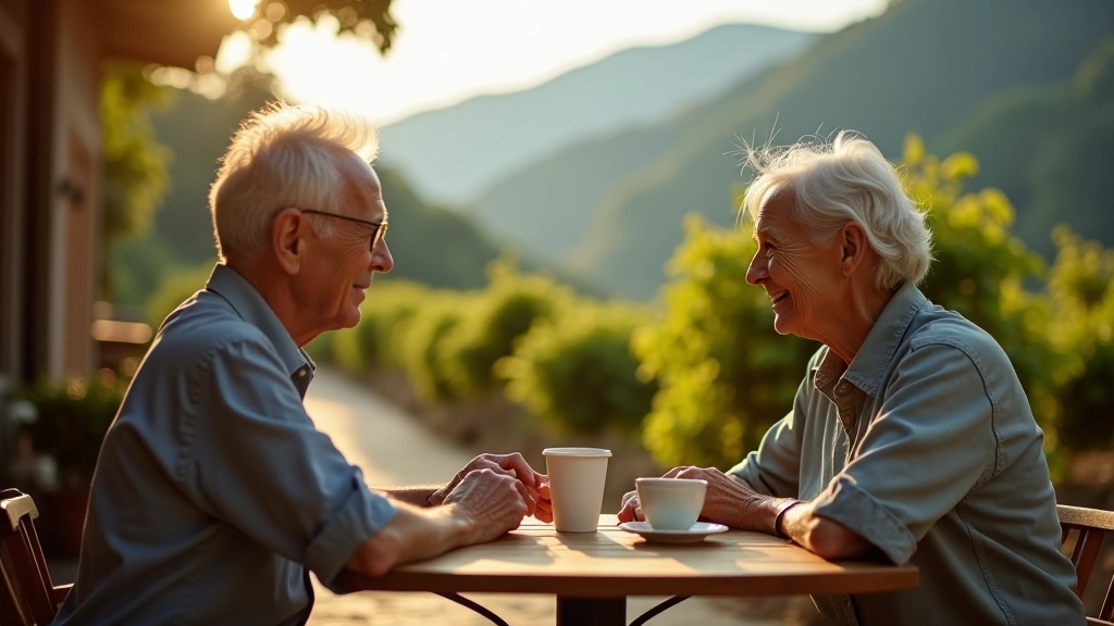 Personas descansando en una cafetería tradicional con vista a los campos de café