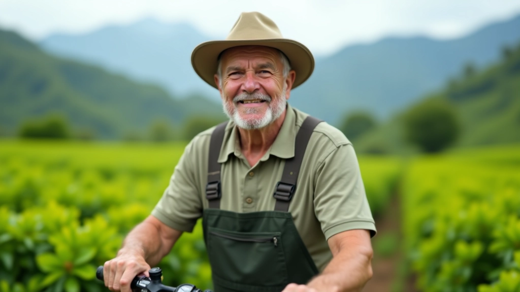 Agricultor mayor sonriendo en su finca de café rodeado de plantas verdes y montañas al fondo