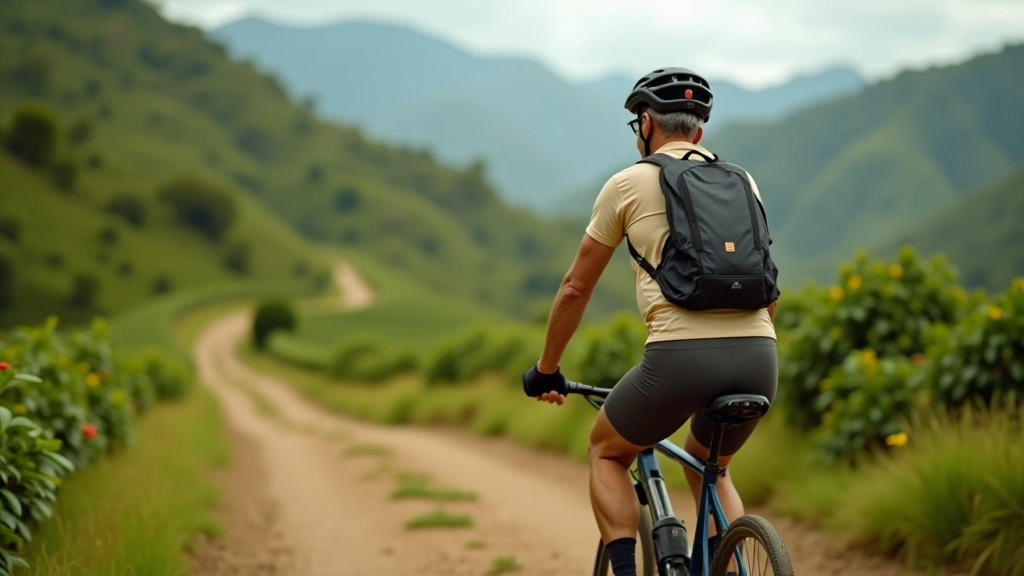 Ciclista en un sendero de tierra rodeado de plantas de café y árboles de sombra