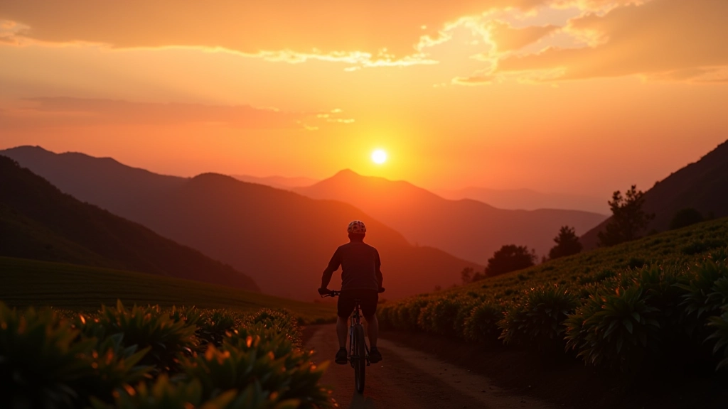 Puesta de sol sobre las montañas de Adjuntas con cafetales en silueta y cielo naranja y rosado
