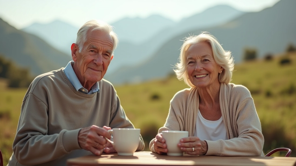 Dos personas mayores disfrutando de una taza de café en una terraza con vista a los campos de café en Adjuntas
